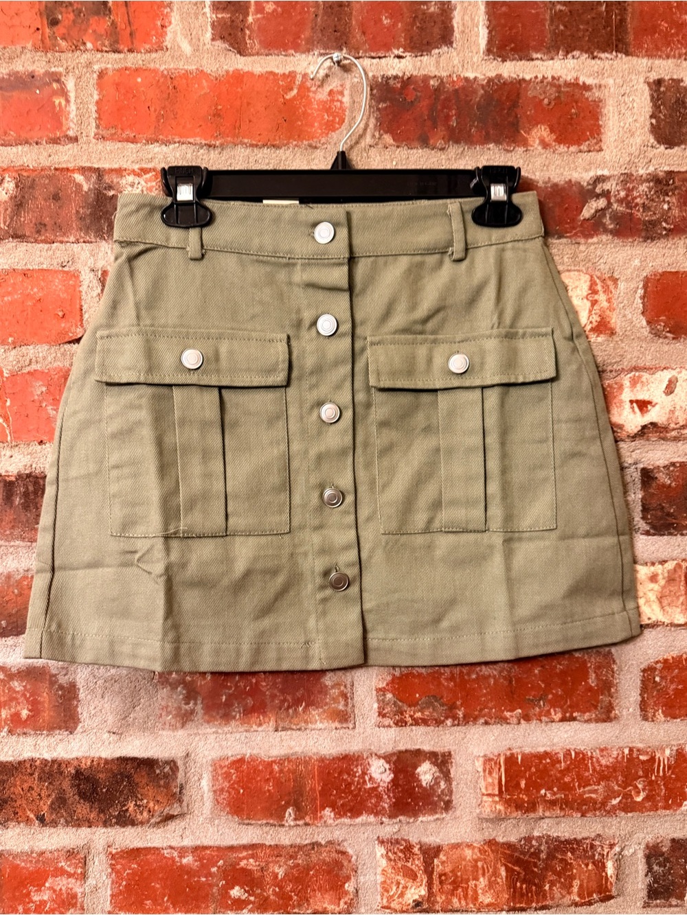 P153 - HYFVE Olive Button-Front Utility Mini Skirt